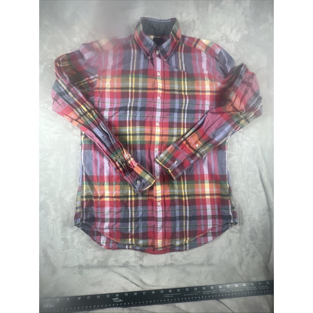 J Crew  Summer 100% Cotton Plaid Shirt Pink Yellow Blue Long Sleeve‎ Size Medium